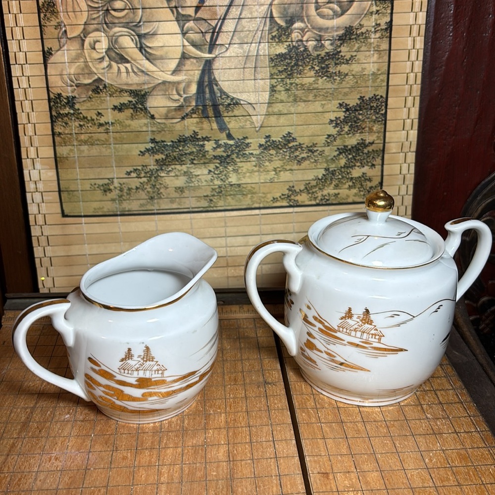 Kutani Creamer Sugar Set Country Landscape Gold Decor White Ceramic Porcelain